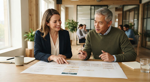 Two advisers reading a shortlist document together at a meeting table