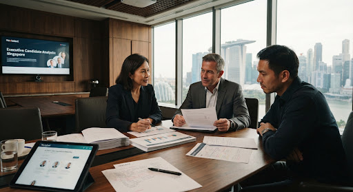 Three executives reviewing a candidate analysis in a Singapore boardroom